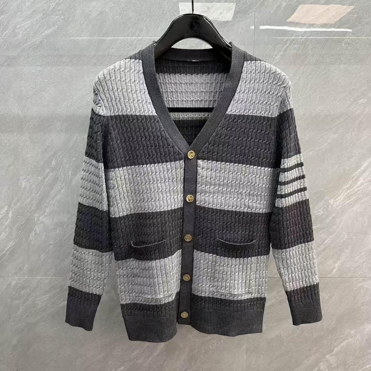 Thom Browne Wide Stripe Contrast Cable-Knit Cardigan detail view 4