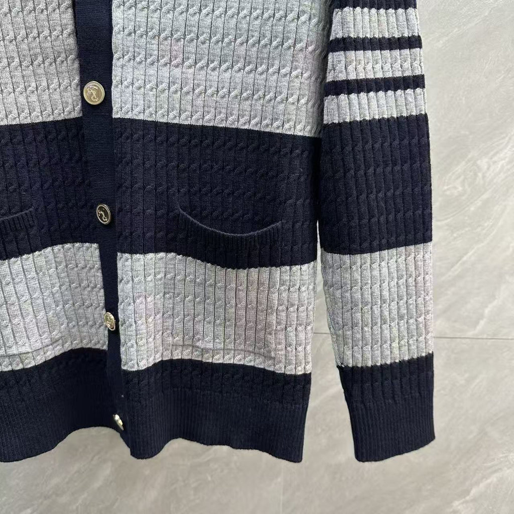 Thom Browne Wide Stripe Contrast Cable-Knit Cardigan detail view 10