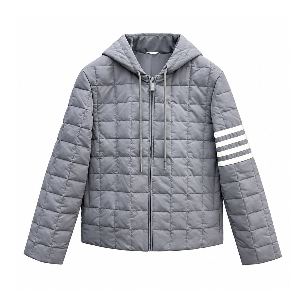 Thom Browne Quilted Grid Zip Hooded Down Jacket front view on white background