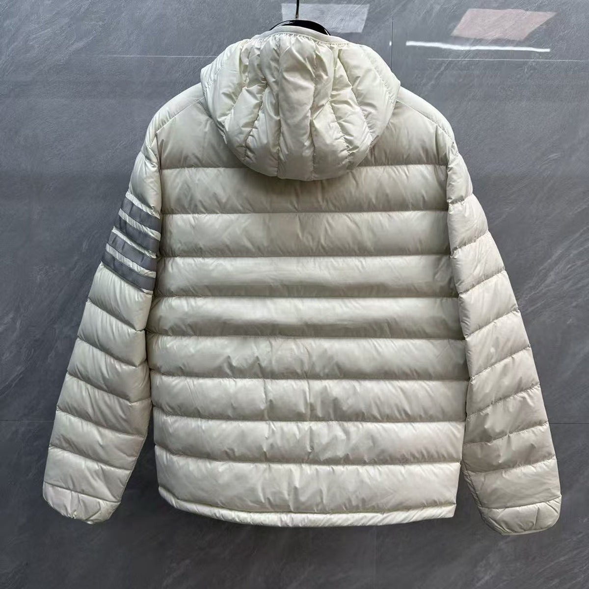 Thom Browne Panelled Four-Stripe Hooded Down Jacket detail view 3
