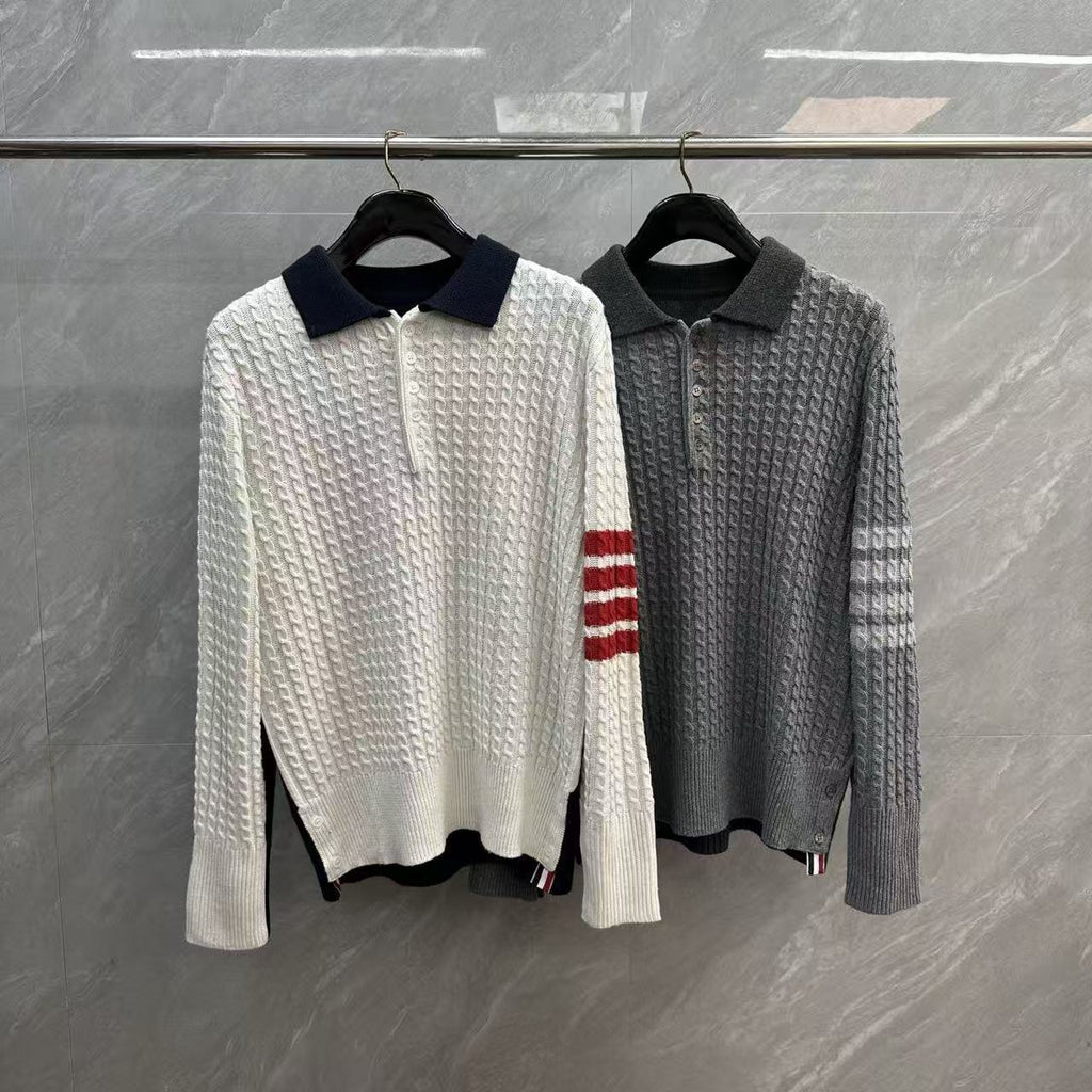 Thom Browne Color-Block Cable-Knit Polo Sweater detail view 1