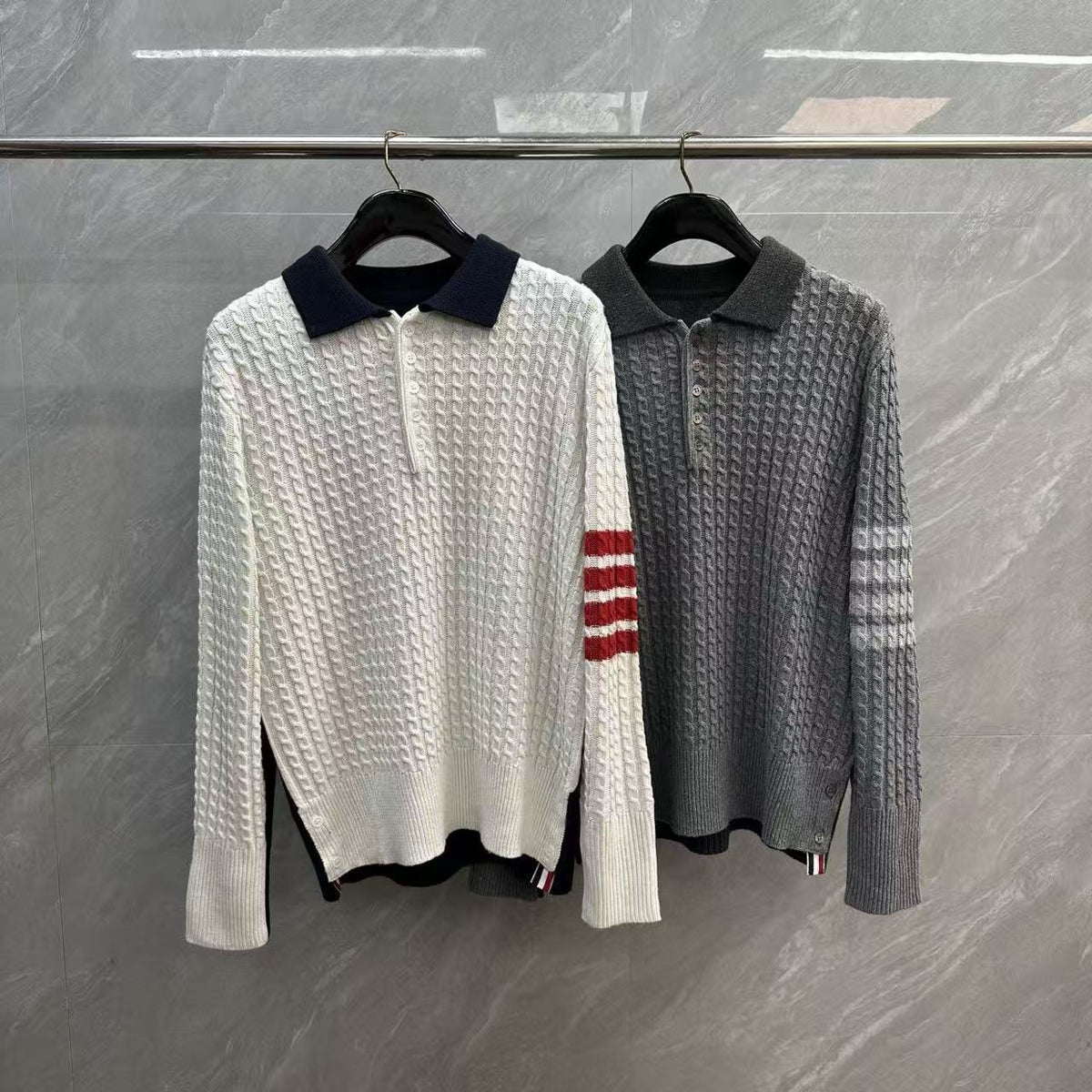 Thom Browne Color-Block Cable-Knit Polo Sweater detail view 1