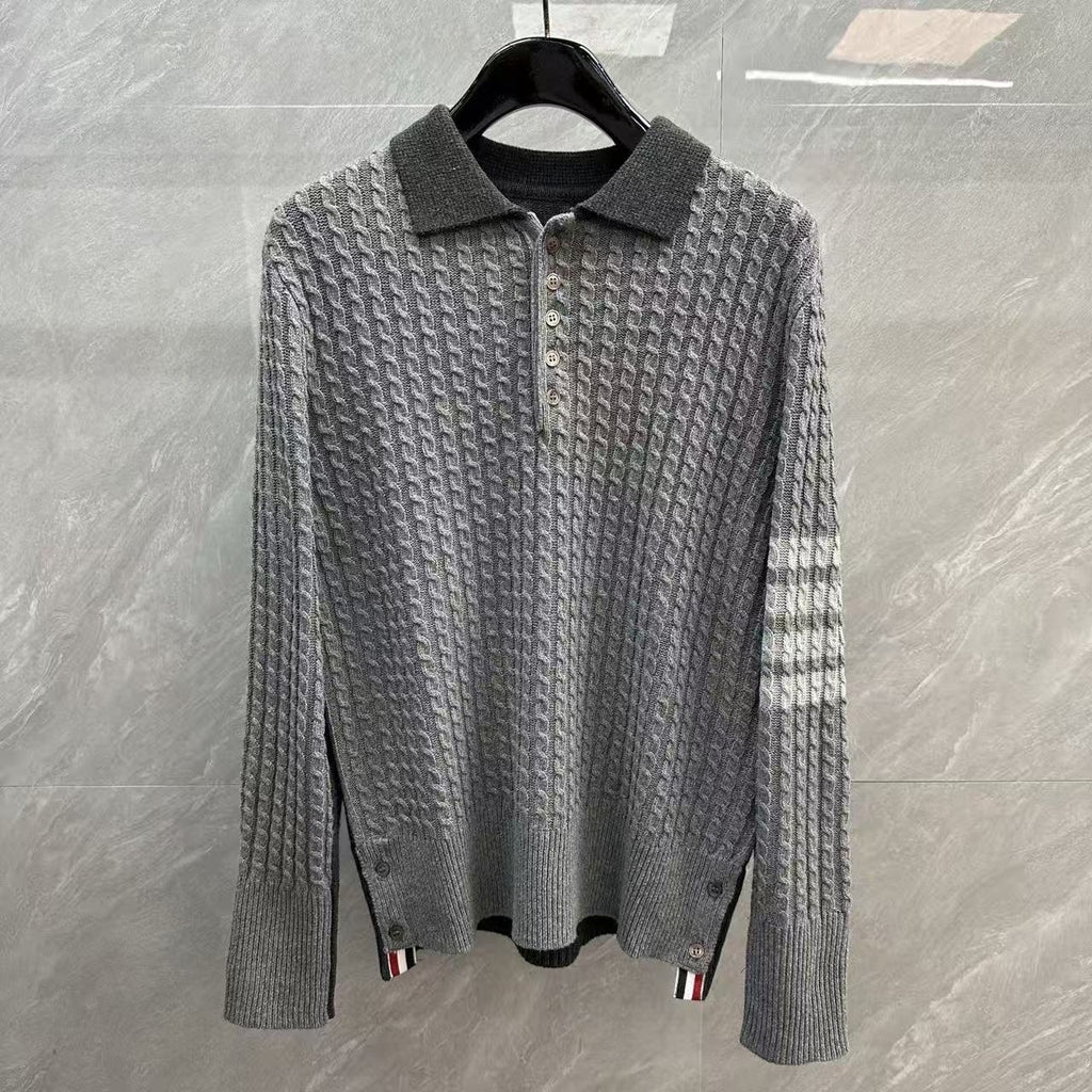 Thom Browne Color-Block Cable-Knit Polo Sweater detail view 2