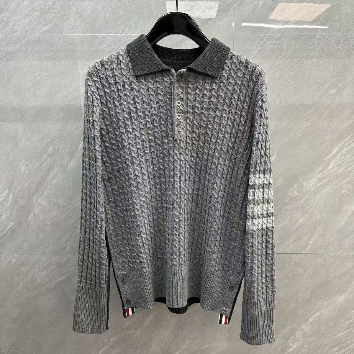 Thom Browne Color-Block Cable-Knit Polo Sweater detail view 2