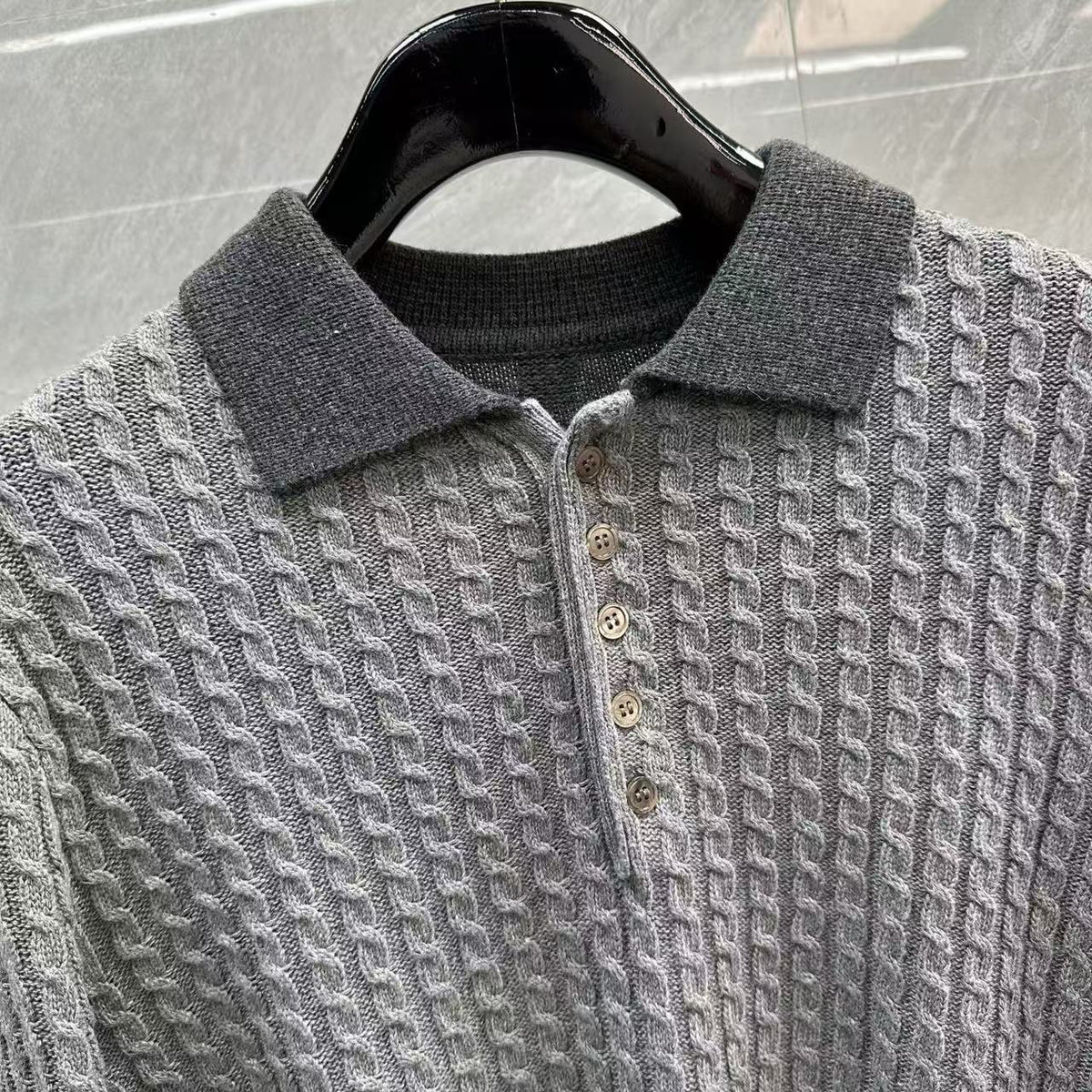 Thom Browne Color-Block Cable-Knit Polo Sweater detail view 3