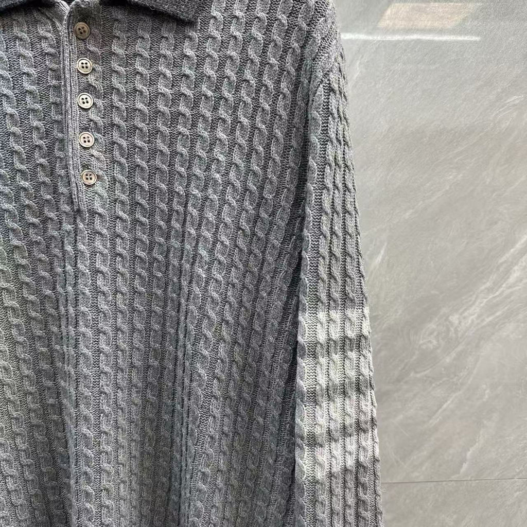 Thom Browne Color-Block Cable-Knit Polo Sweater detail view 4