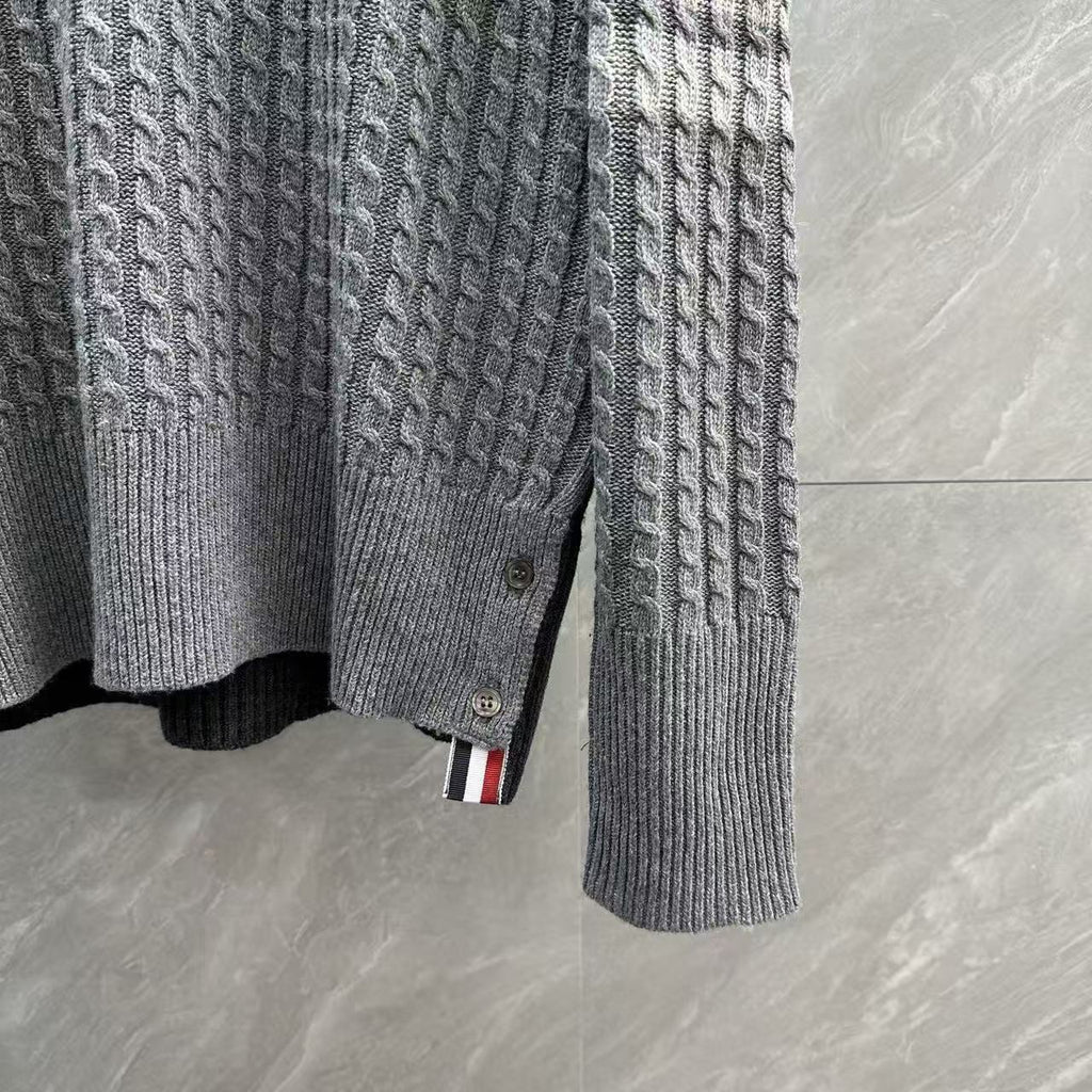 Thom Browne Color-Block Cable-Knit Polo Sweater detail view 5