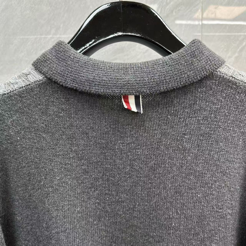 Thom Browne Color-Block Cable-Knit Polo Sweater detail view 6