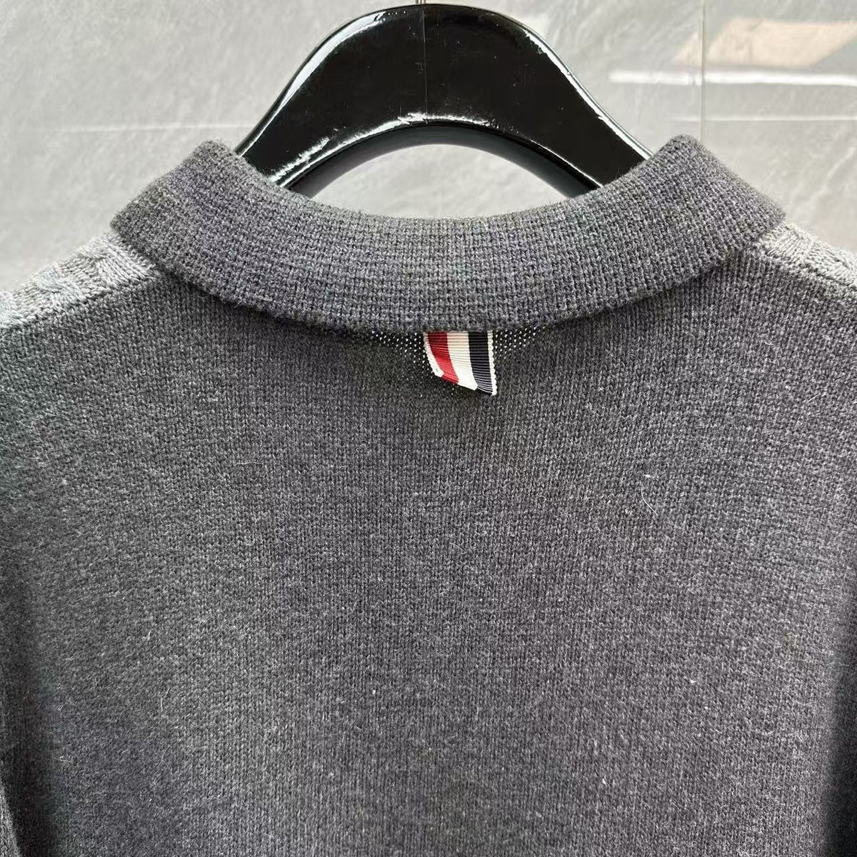 Thom Browne Color-Block Cable-Knit Polo Sweater detail view 6
