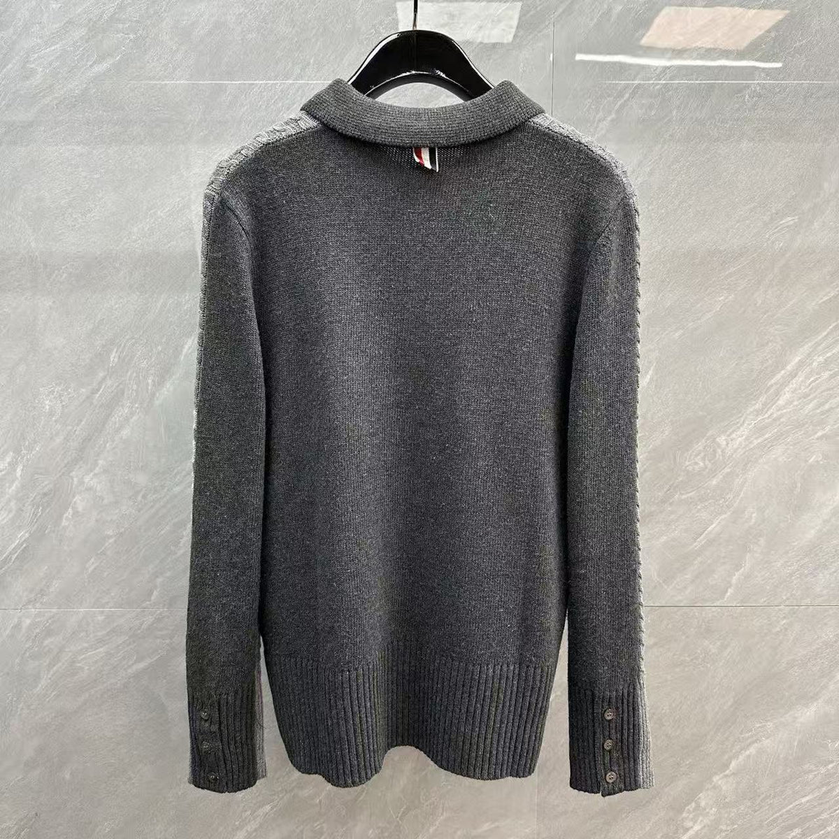 Thom Browne Color-Block Cable-Knit Polo Sweater detail view 8