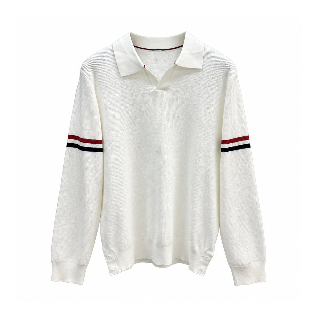 Thom Browne Double-Sleeve Stripe V-Neck Polo Knit Top front view on white background