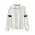 Thom Browne Double-Sleeve Stripe V-Neck Polo Knit Top front view on white background