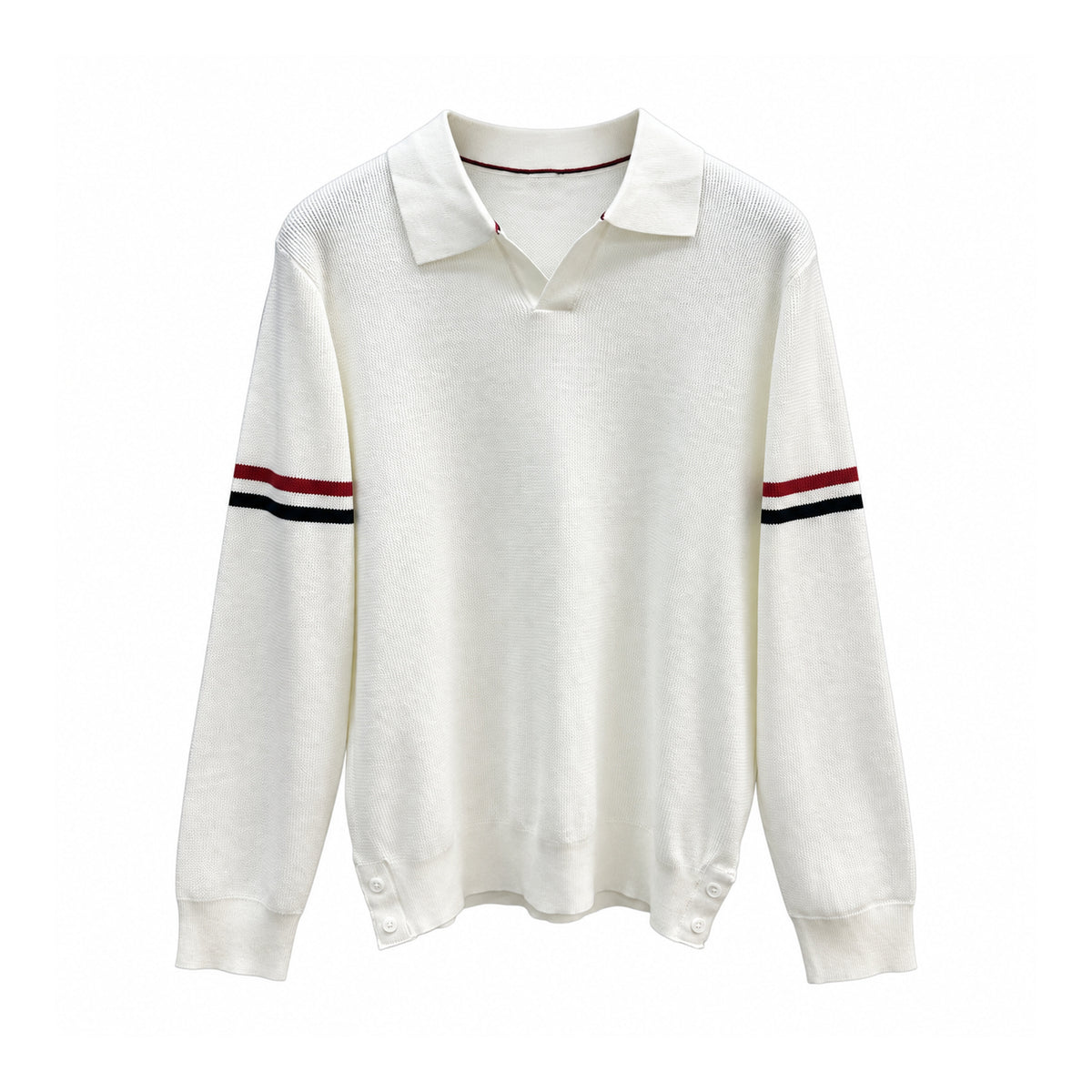 Thom Browne Double-Sleeve Stripe V-Neck Polo Knit Top front view on white background