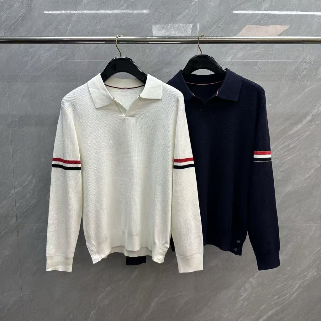 Thom Browne Double-Sleeve Stripe V-Neck Polo Knit Top detail view 1
