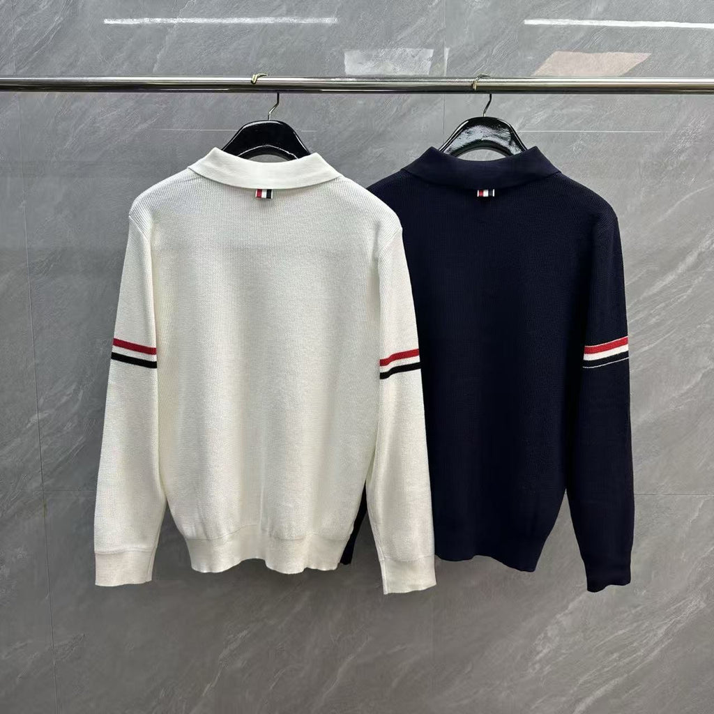 Thom Browne Double-Sleeve Stripe V-Neck Polo Knit Top detail view 2