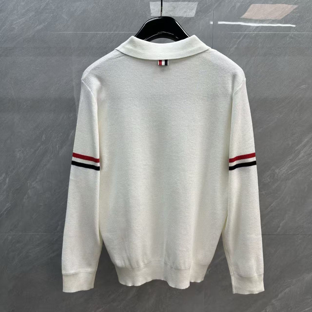 Thom Browne Double-Sleeve Stripe V-Neck Polo Knit Top detail view 3