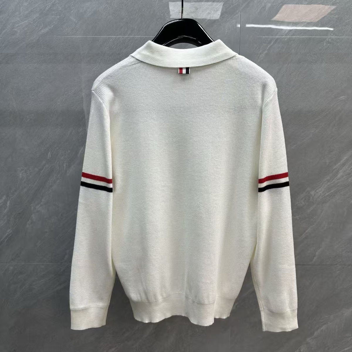 Thom Browne Double-Sleeve Stripe V-Neck Polo Knit Top detail view 3