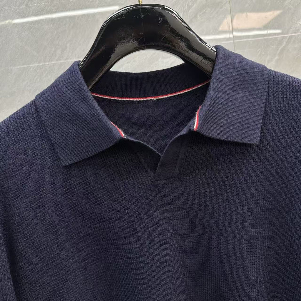 Thom Browne Double-Sleeve Stripe V-Neck Polo Knit Top detail view 5