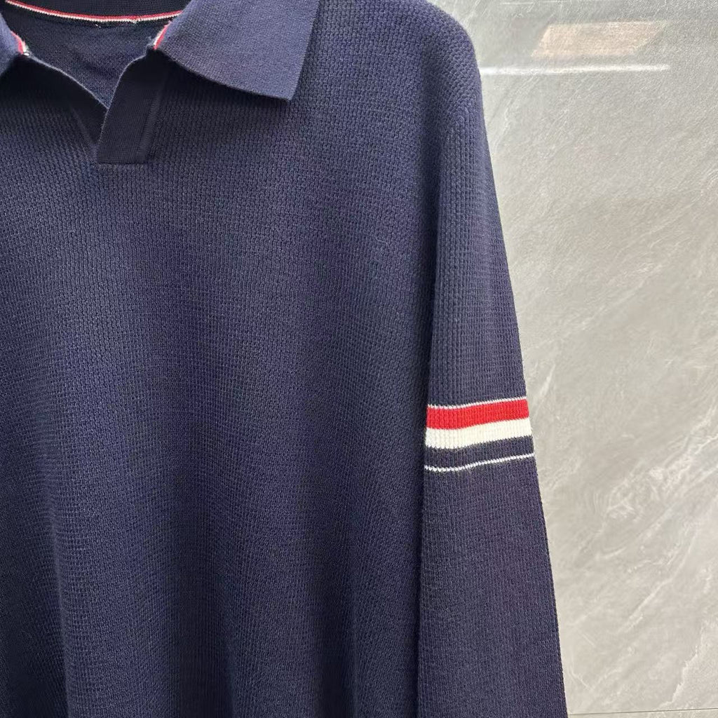Thom Browne Double-Sleeve Stripe V-Neck Polo Knit Top detail view 6