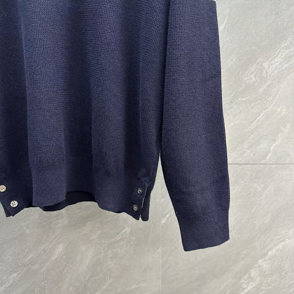 Thom Browne Double-Sleeve Stripe V-Neck Polo Knit Top detail view 7
