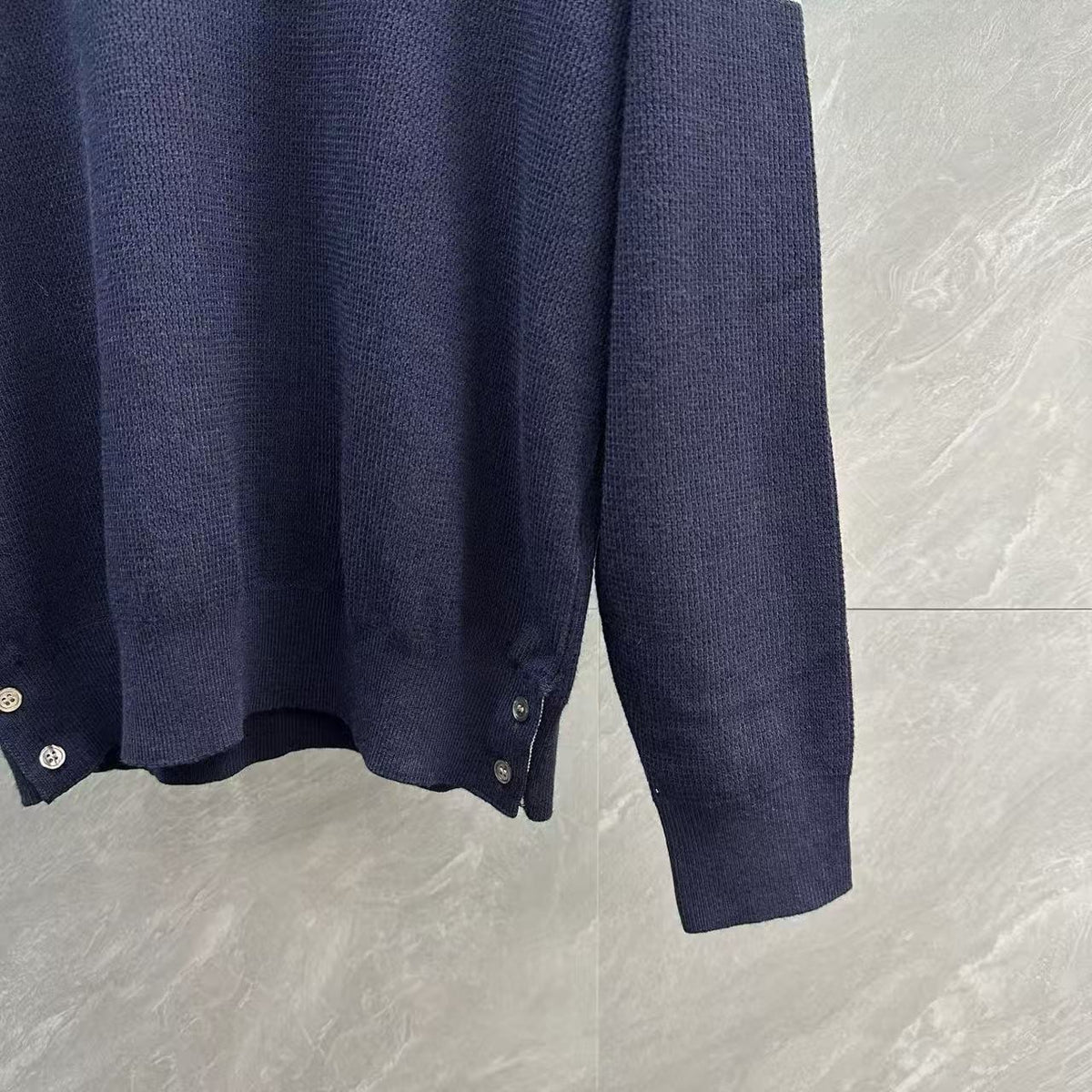 Thom Browne Double-Sleeve Stripe V-Neck Polo Knit Top detail view 7
