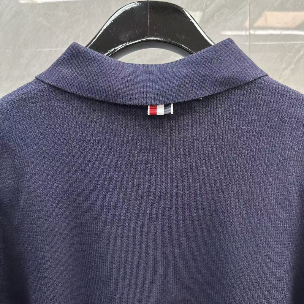 Thom Browne Double-Sleeve Stripe V-Neck Polo Knit Top detail view 8