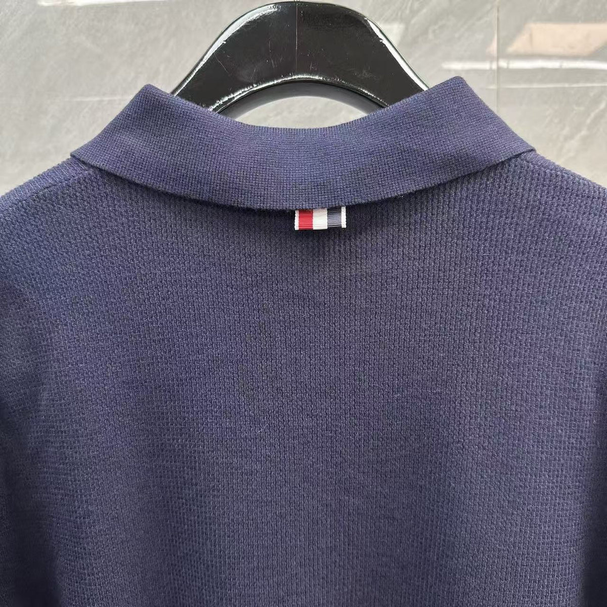 Thom Browne Double-Sleeve Stripe V-Neck Polo Knit Top detail view 8