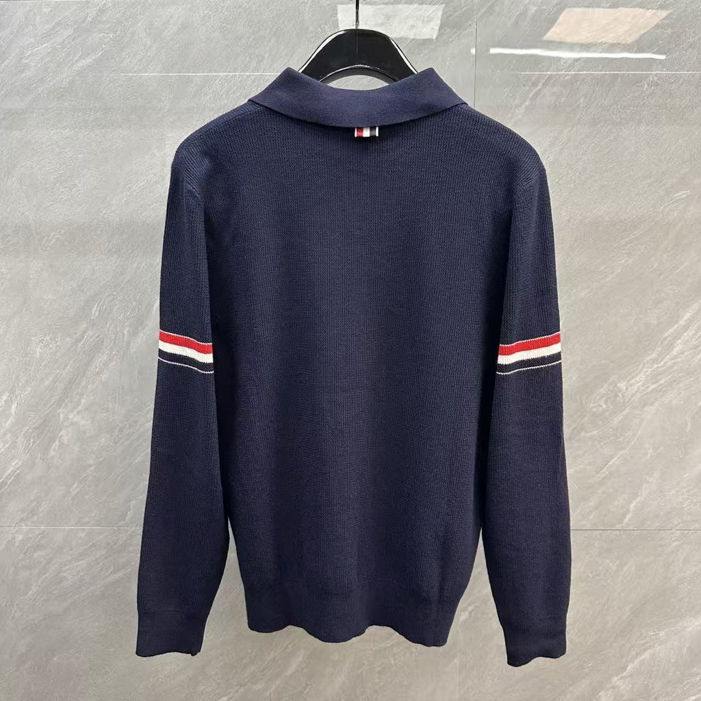 Thom Browne Double-Sleeve Stripe V-Neck Polo Knit Top detail view 9