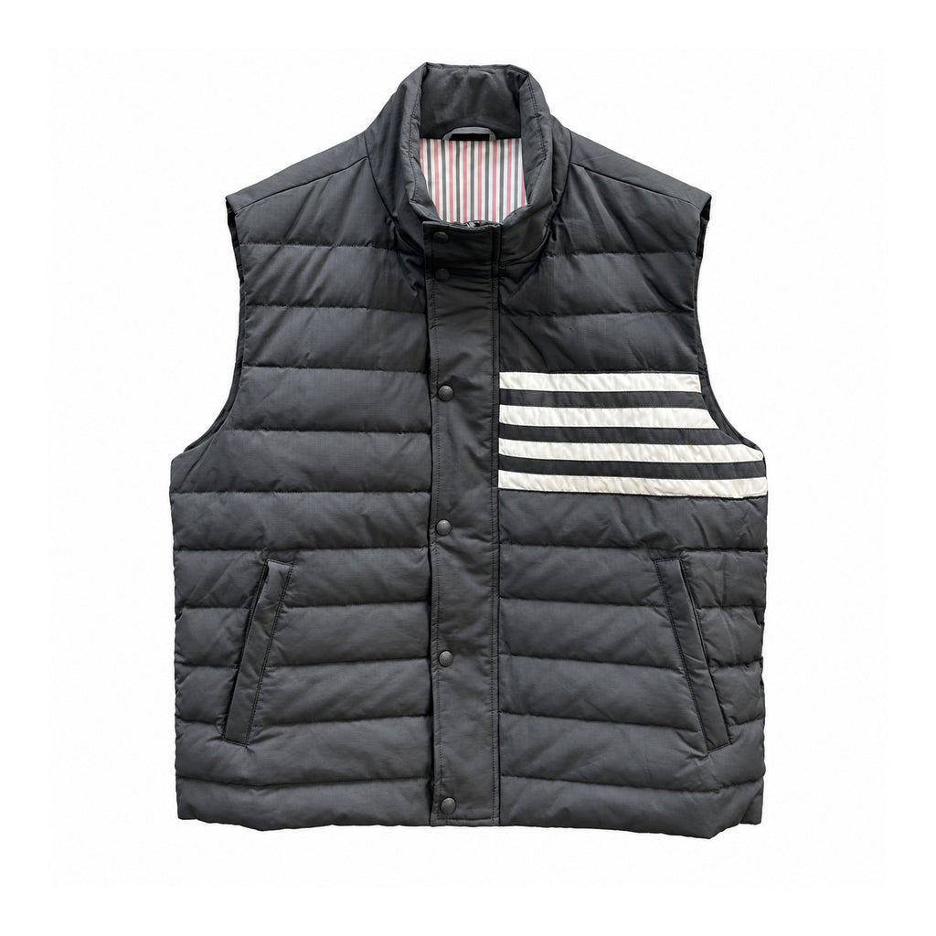 Thom Browne Four-Stripe Stand-Collar Down Vest front view on white background
