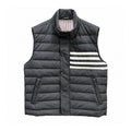 Thom Browne Four-Stripe Stand-Collar Down Vest front view on white background