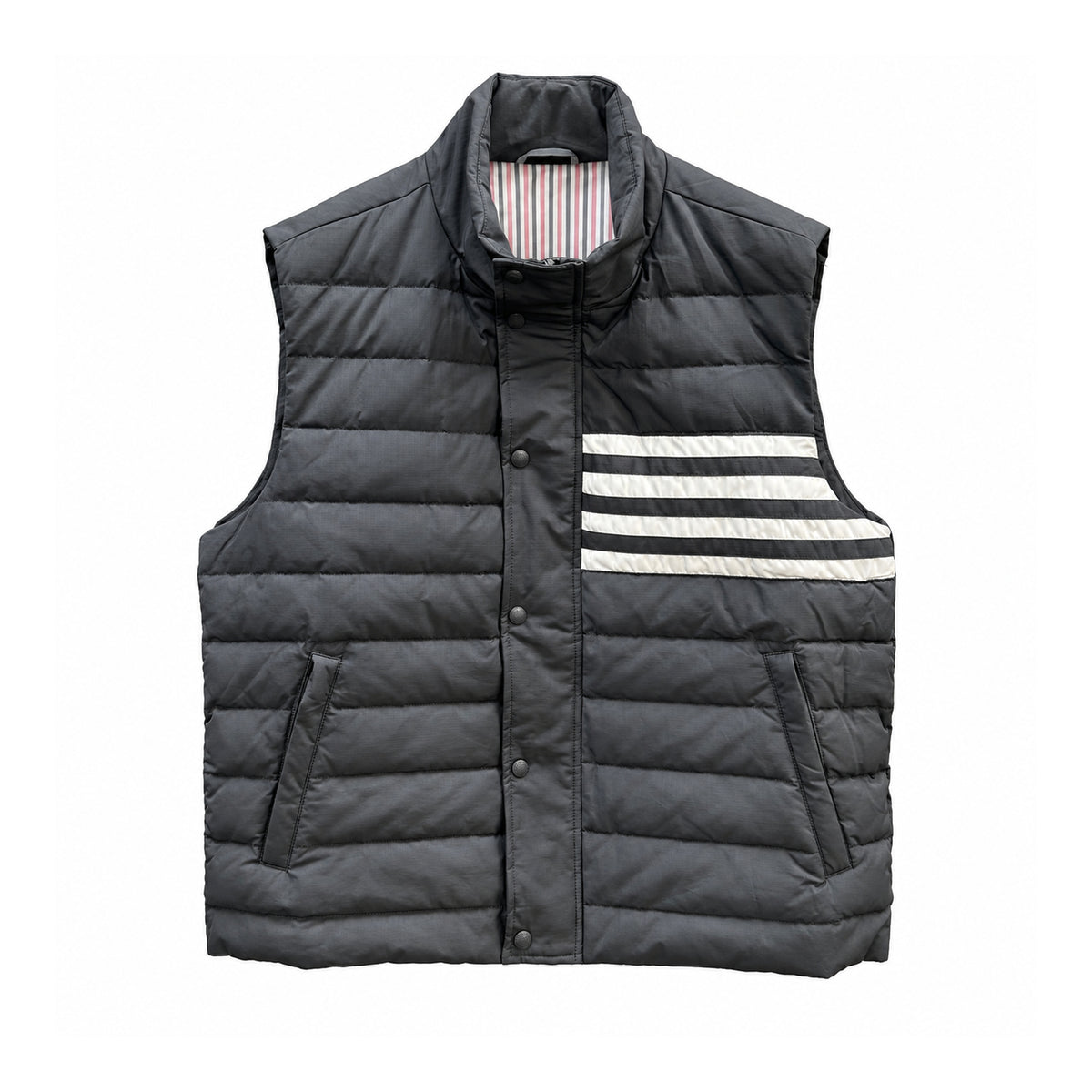 Thom Browne Four-Stripe Stand-Collar Down Vest front view on white background