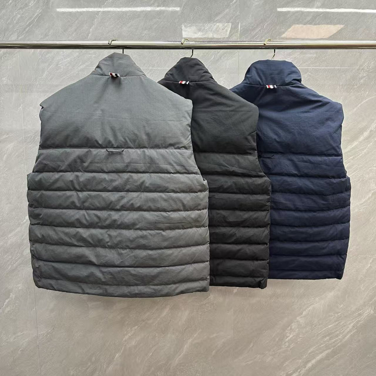 Thom Browne Four-Stripe Stand-Collar Down Vest detail view 2