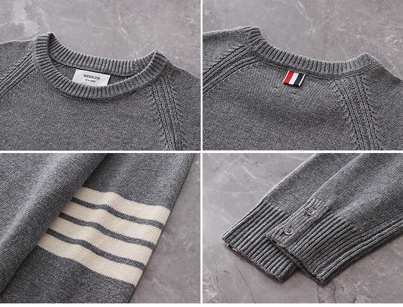 Thom Browne Classic Four-Stripe Wool Crewneck Sweater detail view 3