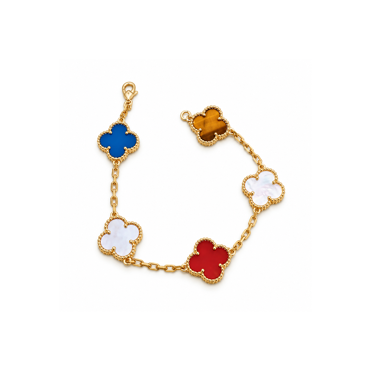 Van Cleef & Arpels-Style Rainbow Clover Bracelet on pure white background