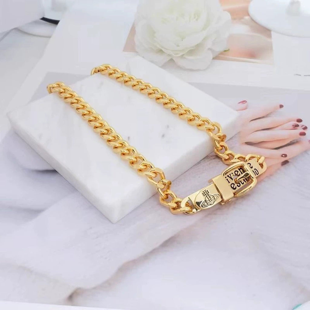 Vivienne Westwood Style Engraved Letter Cuban Chain Necklace detail 2