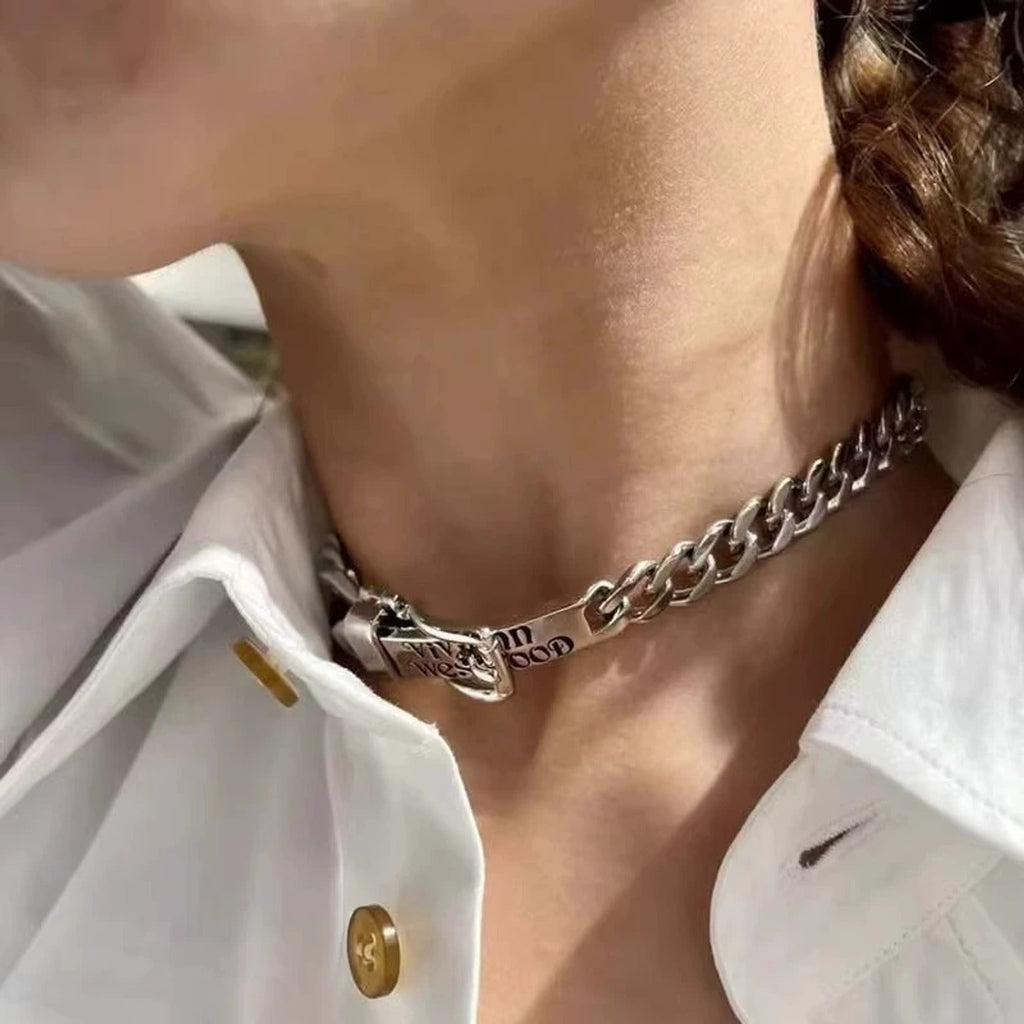 Vivienne Westwood Style Engraved Letter Cuban Chain Necklace detail 3