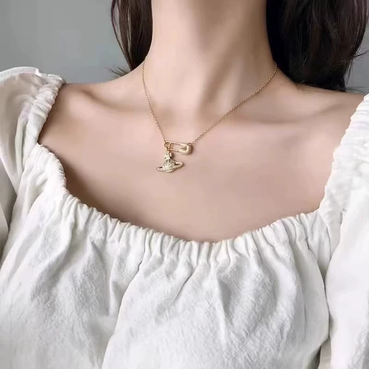 Vivienne Westwood Style Openwork Safety Pin Orb Necklace detail 3
